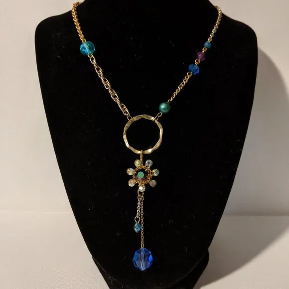 Blue Ring Dangles Vintage Necklace - Picture 1 of 6